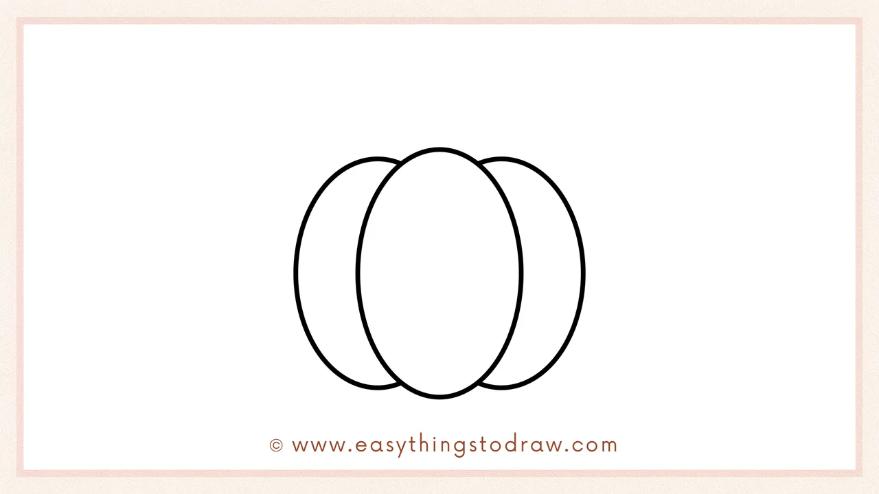 Step 3 of sketching a pumpkin for beginners – drawing a matching oval on the right to complete the pumpkin's main body.