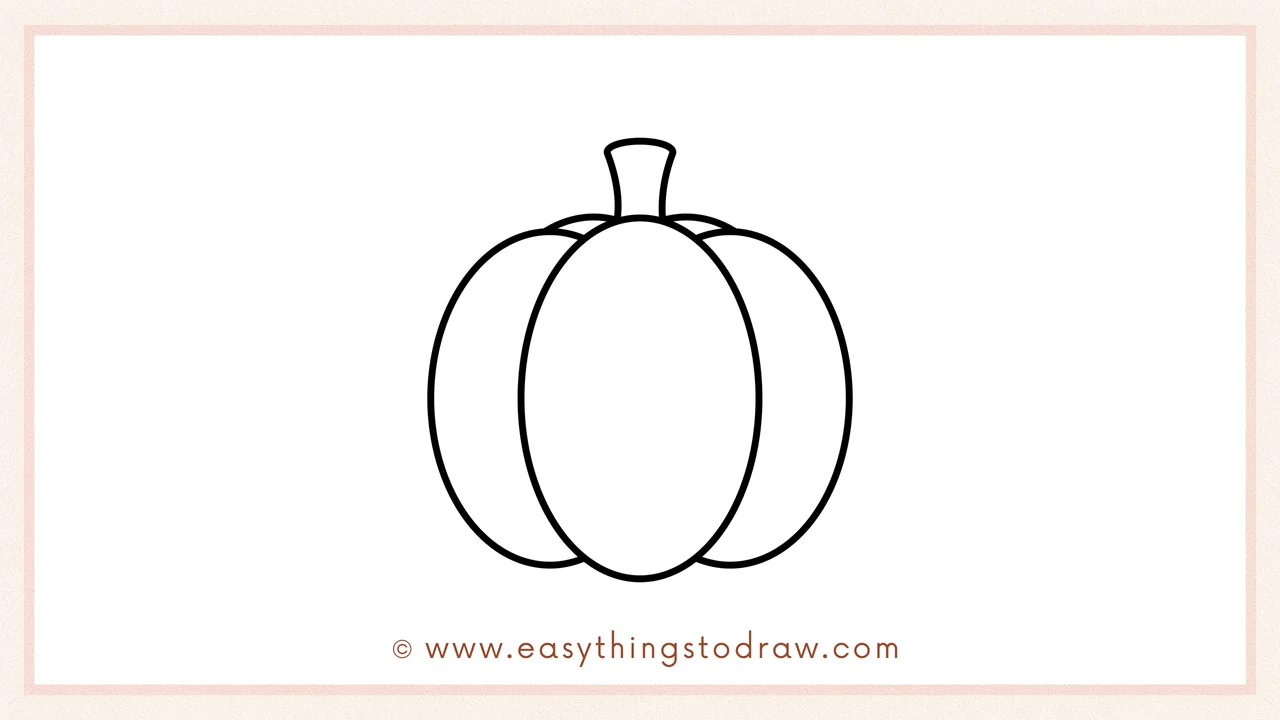 Step 5 of easy pumpkin drawing steps – drawing a short, curved stem at the top center of the pumpkin.