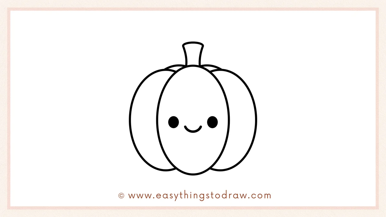 Step 6 of simple pumpkin drawing tutorial – adding two black eyes and a curved smile for a happy pumpkin face.