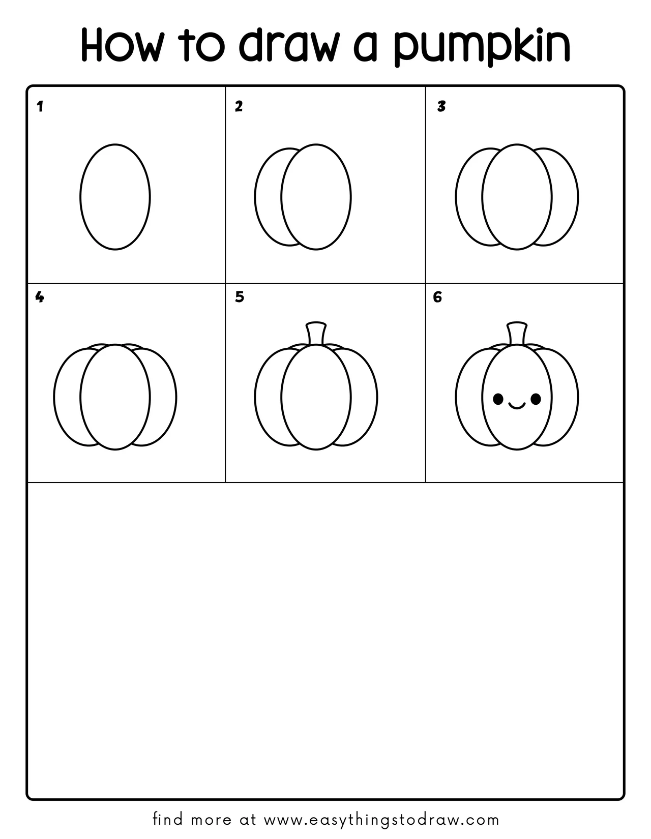 Step-by-step drawing tutorial showing 6 easy steps to draw a cute cartoon pumpkin, perfect for kids and beginners.