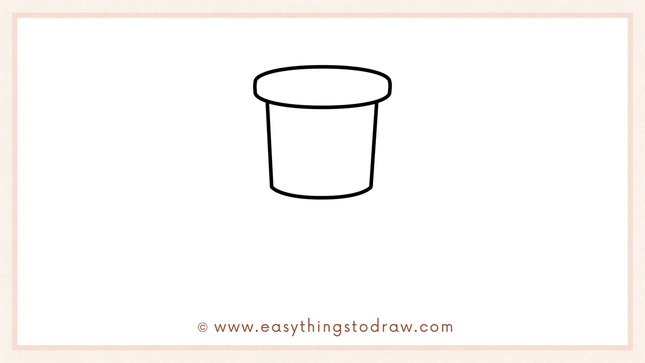 Step 2 of drawing a pushpin – Adding a wide oval resting on top of the bucket shape to form the pushpin's round head.