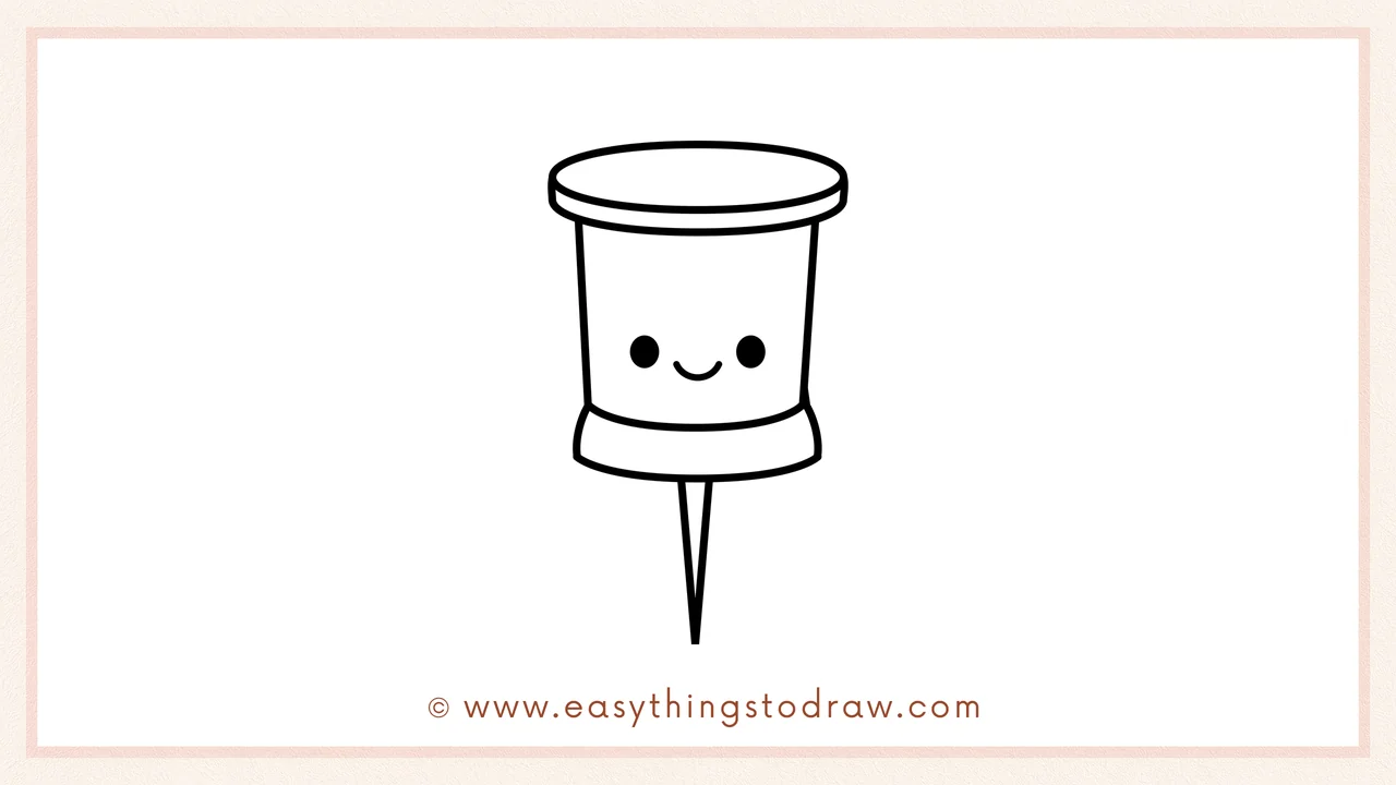 Step 6 of simple pushpin drawing tutorial – Adding two tiny circle eyes and a curved smile for a cute face.