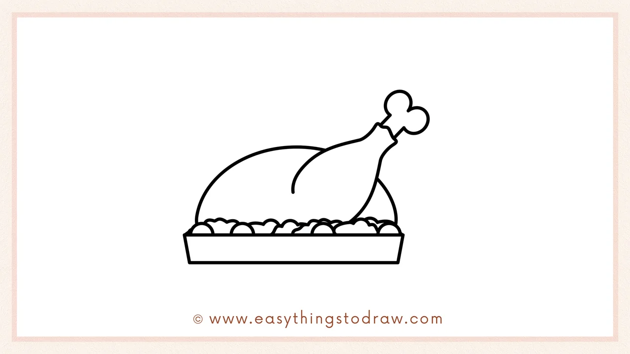 Step 4 of step-by-step roast turkey sketch – Under the leg, sketching a large rounded shape for the main turkey body.