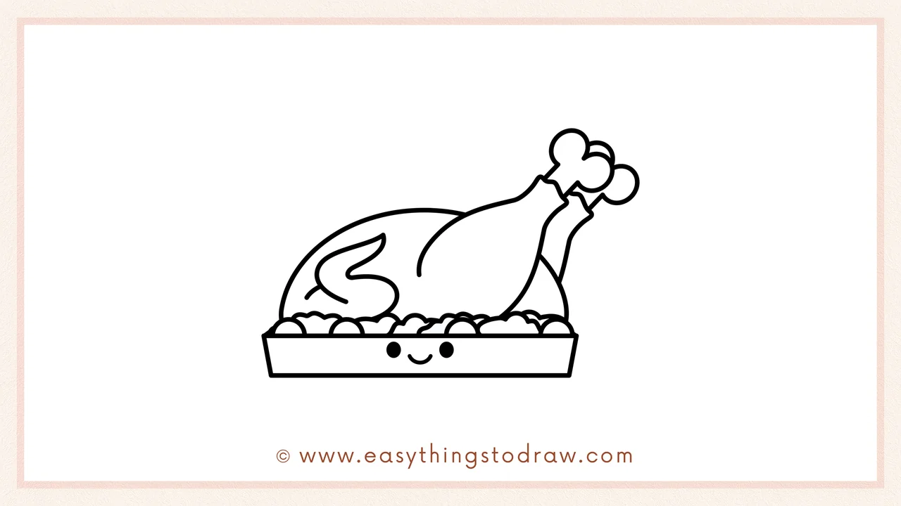 Step 6 of simple roast turkey drawing tutorial – Adding two eyes and a happy smile to the front of the tray for a cute turkey.