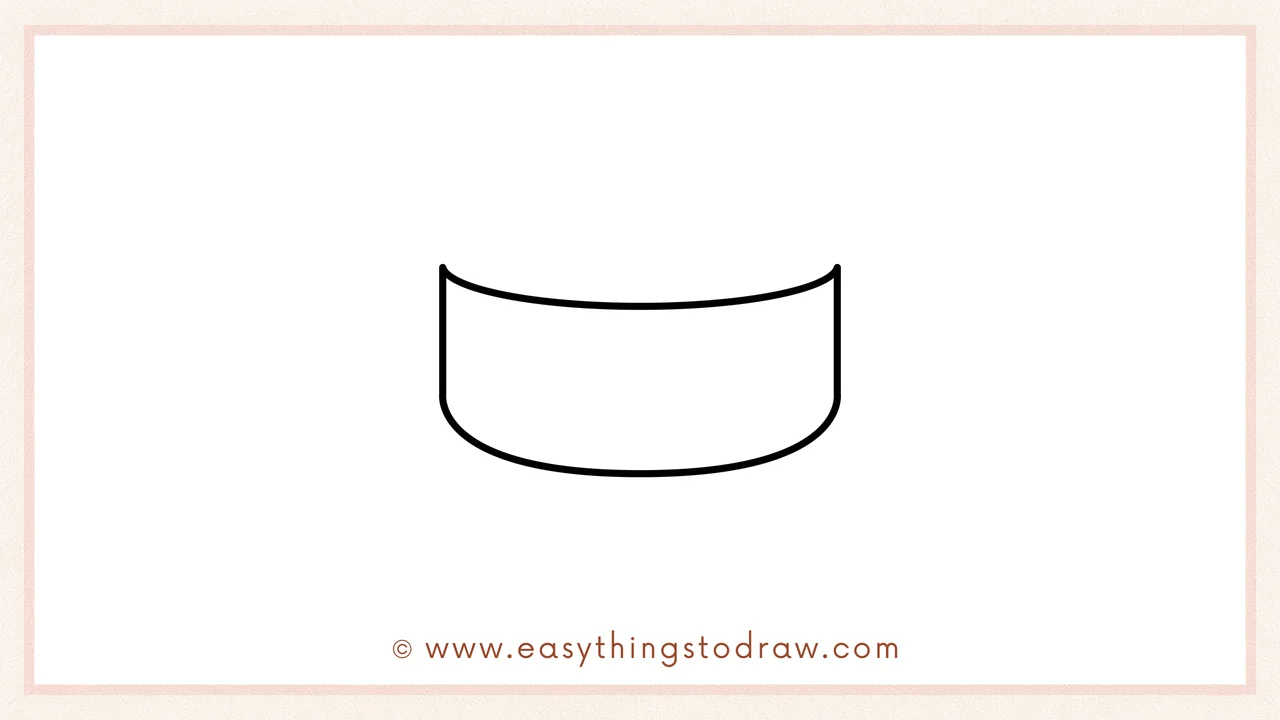 Step 1 of how to draw a soup bowl – Sketching a large oval with vertical sides to form the main body of the bowl.