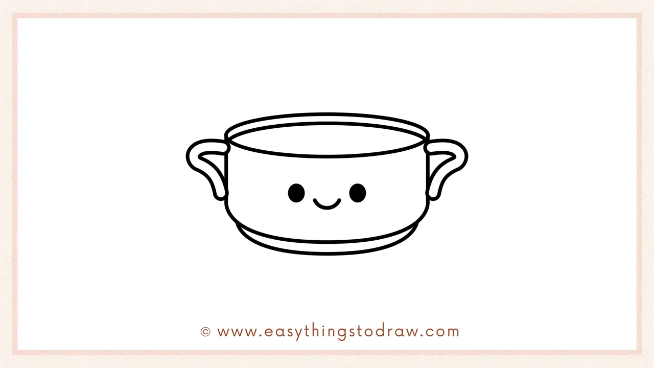 Step 6 of simple soup bowl drawing tutorial – Adding two cute eyes and a happy smile to the front of the bowl.