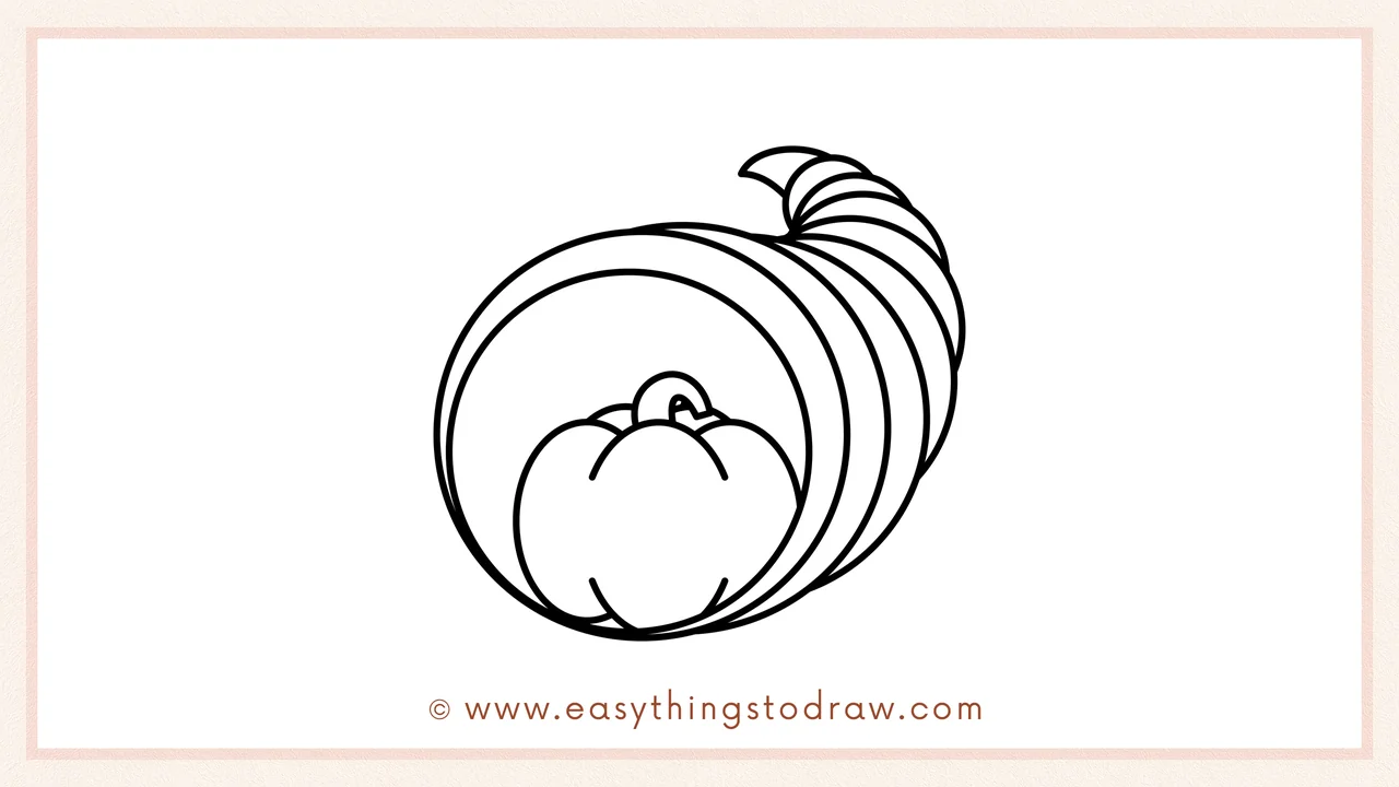 Step 3 of sketching a Thanksgiving Cornucopia for beginners – Placing a large pumpkin inside the opening of the horn.