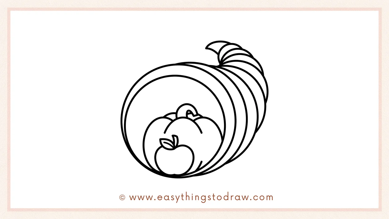 Step 4 of step-by-step Thanksgiving Cornucopia sketch – Adding a small apple with a stem and leaf in front of the pumpkin.
