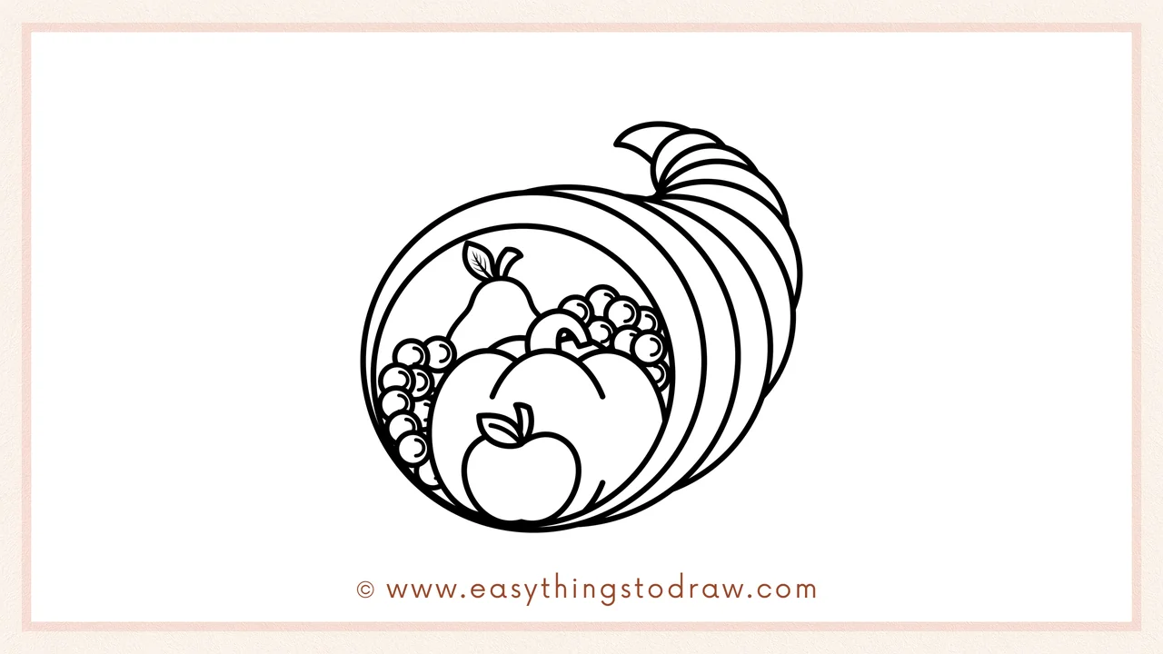 Step 5 of easy Thanksgiving Cornucopia drawing steps – Filling the cornucopia with a pear and bunches of grapes.