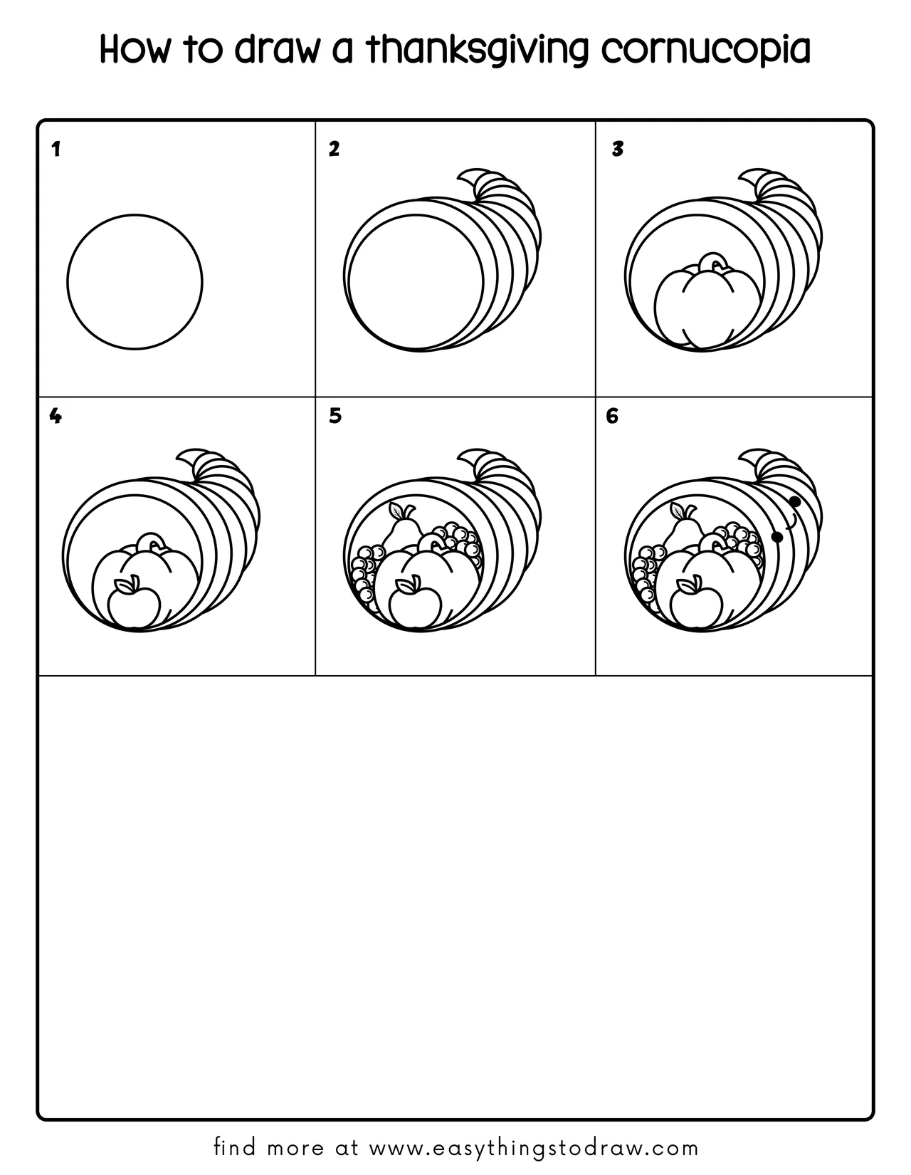 Step-by-step drawing tutorial showing how to draw a cute cartoon Thanksgiving Cornucopia in 6 easy steps for kids and beginners.