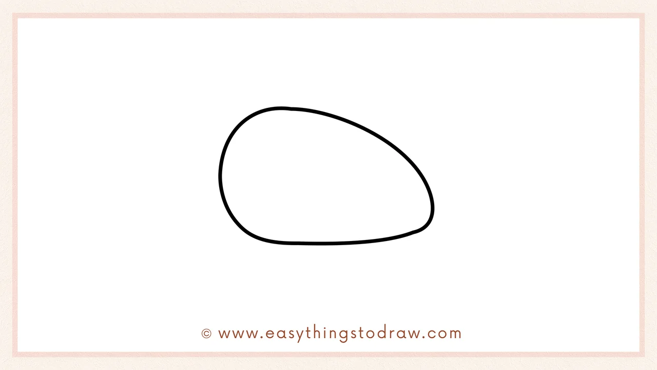 Step 1 of how to draw a Thanksgiving ham – Begin by sketching a wide teardrop shape tilted on its side for the ham's body.