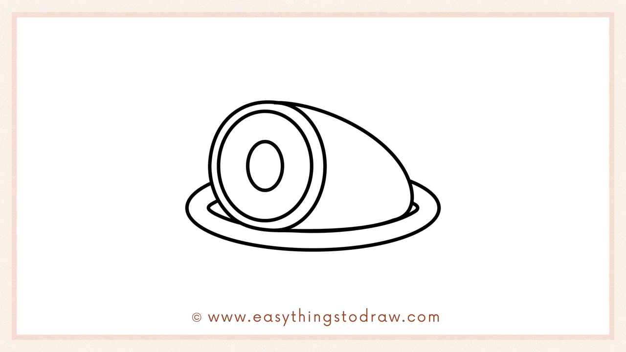 Step 5 of easy Thanksgiving ham drawing steps – Draw a large, flat oval underneath the ham to represent the serving plate.