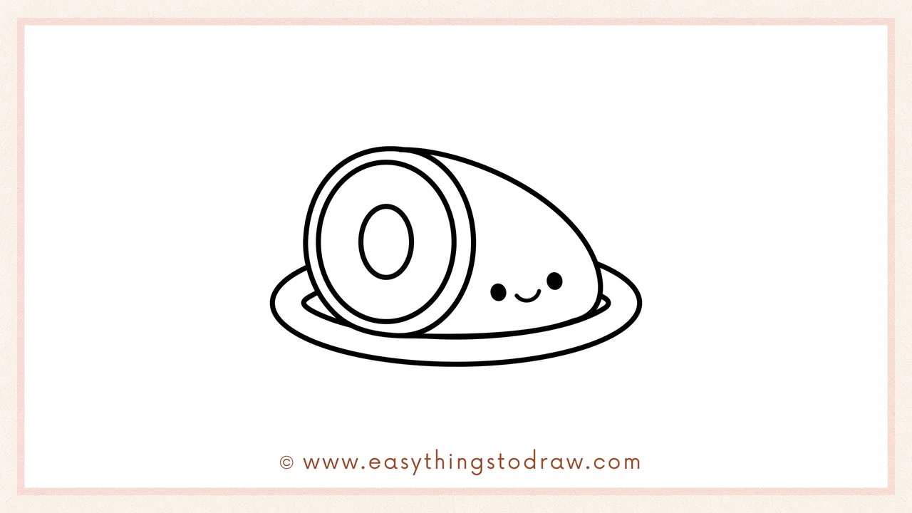 Step 6 of simple Thanksgiving ham drawing tutorial – Add personality with two cute eyes and a small smile on the ham's side.