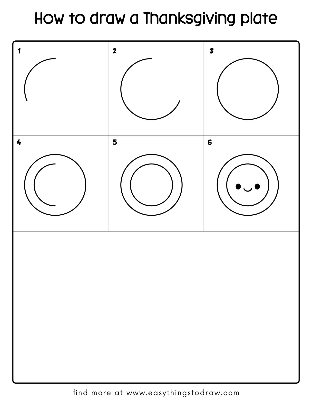Step-by-step drawing tutorial showing how to draw a cute Thanksgiving plate in 6 easy steps for kids and beginners.