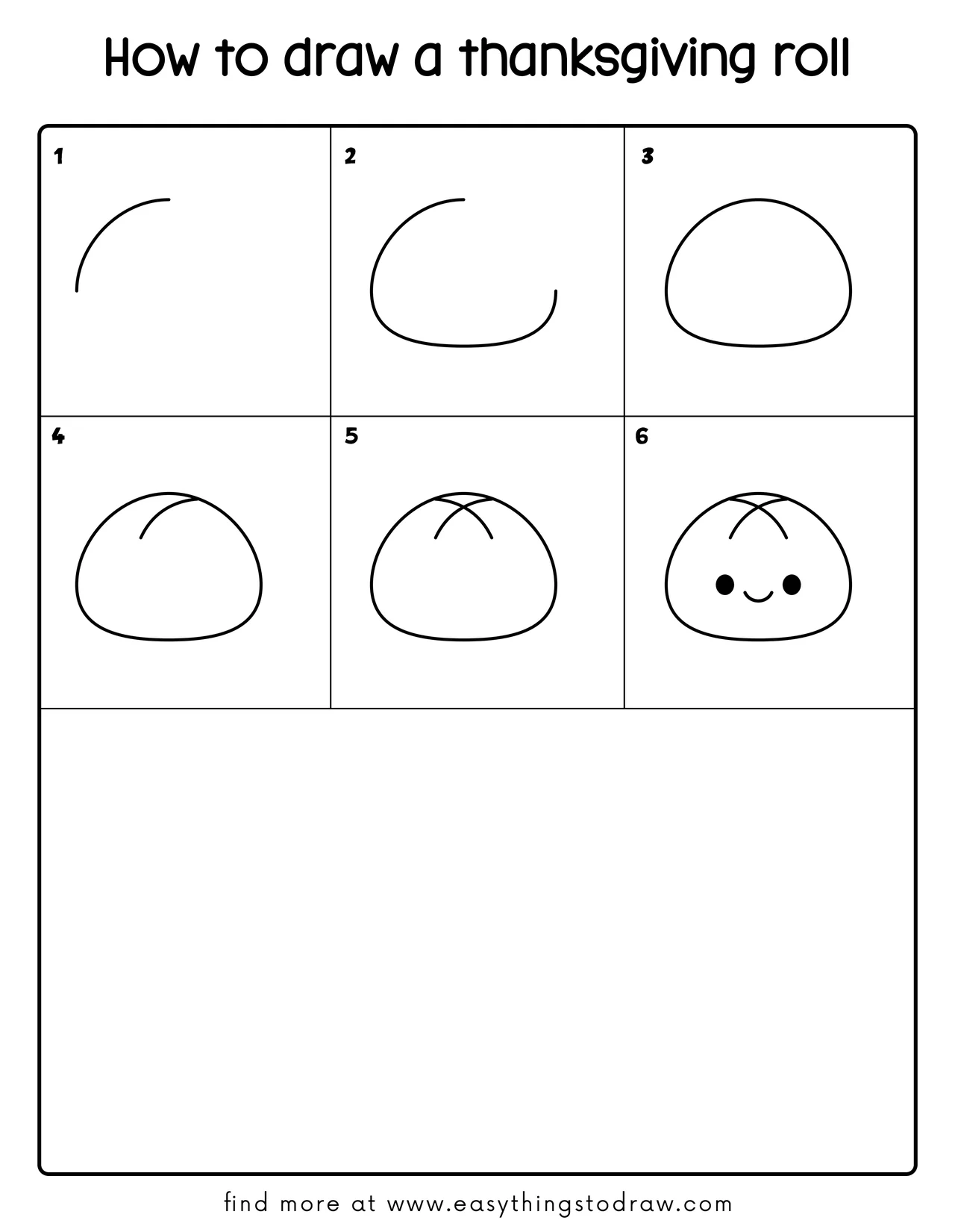 Grid tutorial: 6 easy steps to draw a cute cartoon Thanksgiving roll, great for kids and beginner artists.
