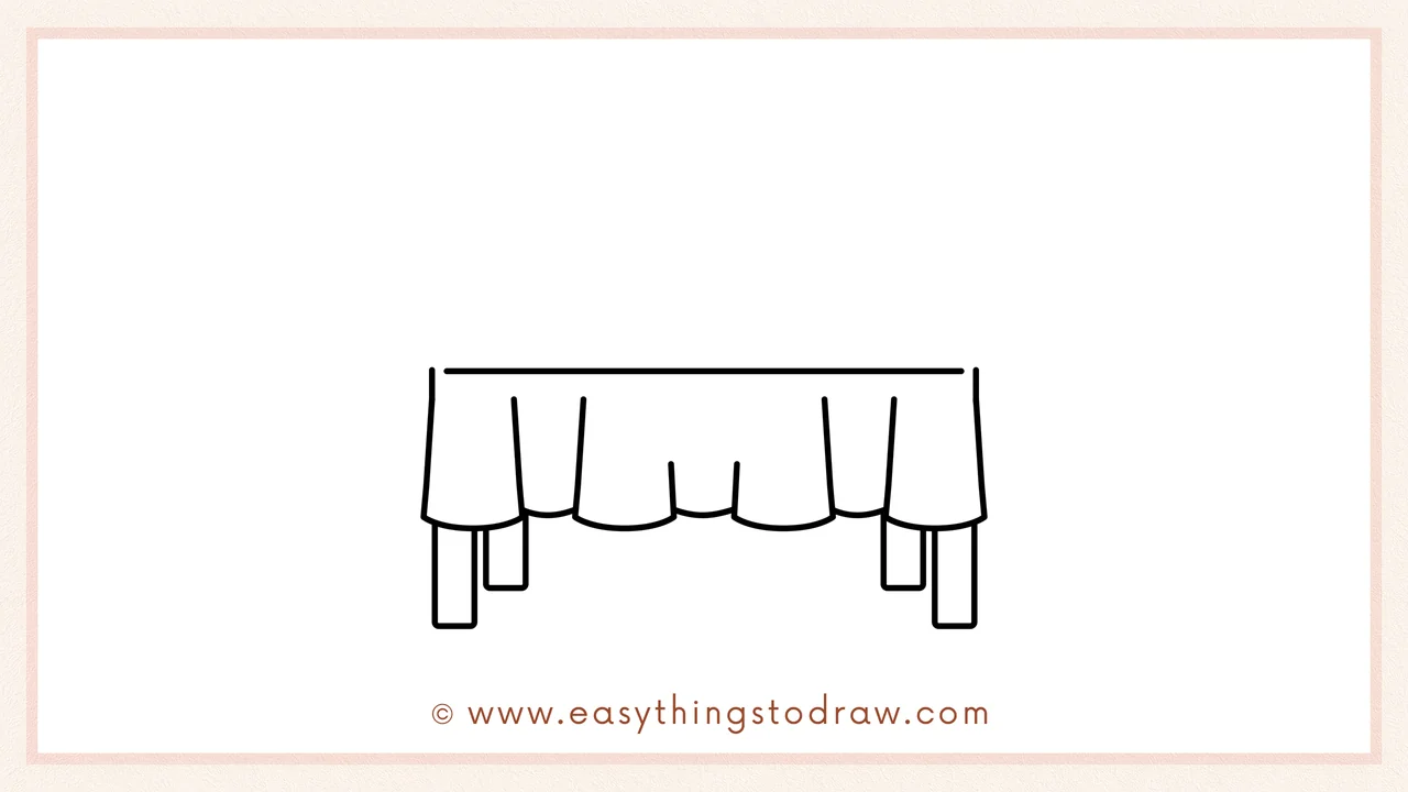 Step 2 of drawing a Thanksgiving table – Adding four vertical legs peeking out from under the tablecloth.