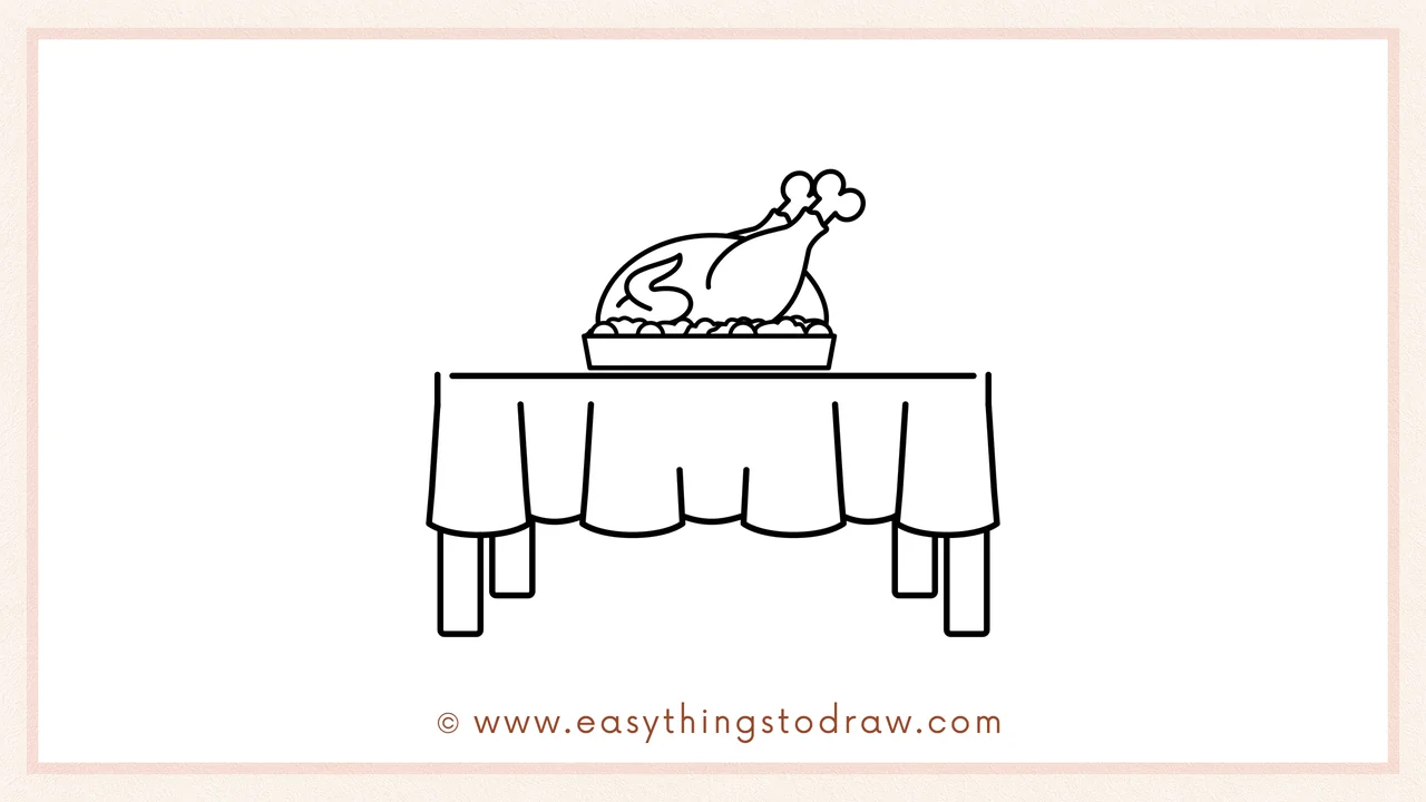 Step 3 of sketching a Thanksgiving table for beginners – Placing a large roast turkey on a serving tray in the table's center.