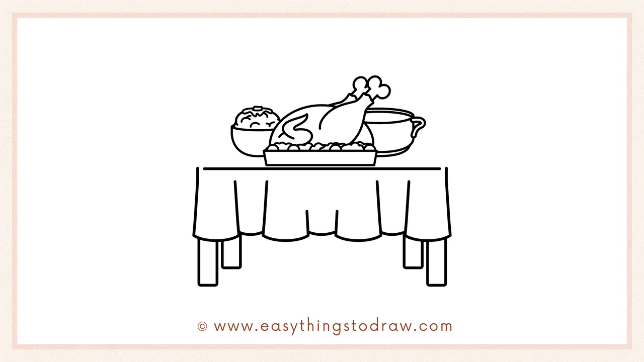 Step 4 of step-by-step Thanksgiving table sketch – Adding a bowl of mashed potatoes on the left and soup on the right.