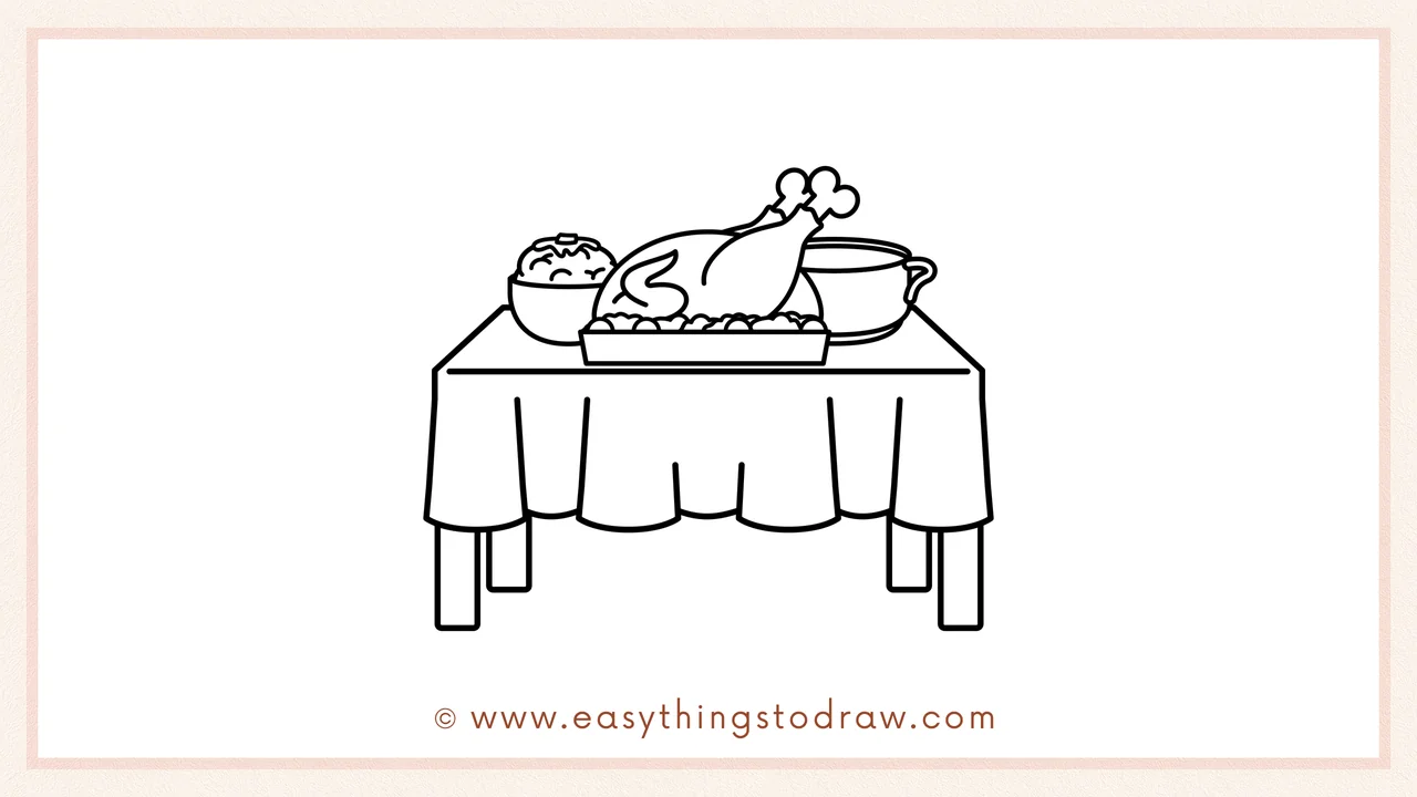 Step 5 of easy Thanksgiving table drawing steps – Adjusting tabletop lines to create a 3D perspective.