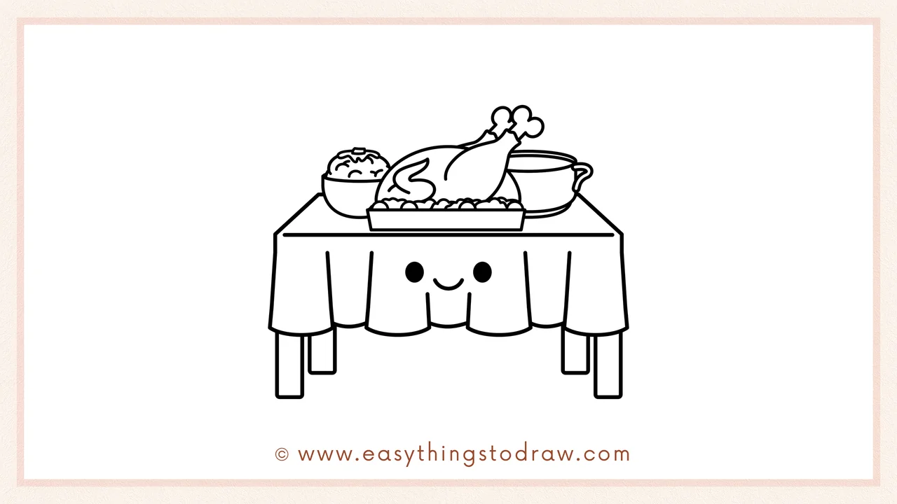 Step 6 of simple Thanksgiving table drawing tutorial – Giving the tablecloth two eyes and a cute smiling mouth.