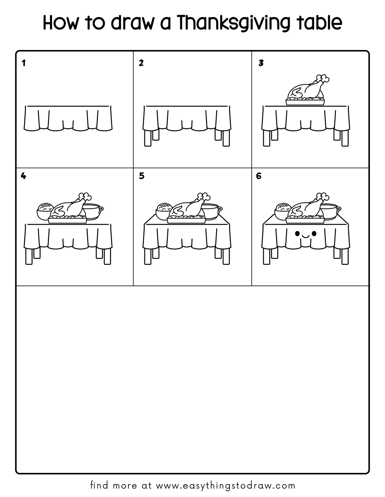 Step-by-step drawing tutorial showing how to draw a cute Thanksgiving table in 6 easy steps for kids and beginners.