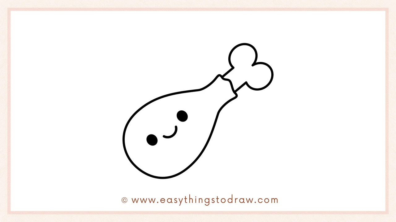 Step 6 of simple turkey leg drawing tutorial – adding two eyes and a happy smile to the cartoon turkey leg.