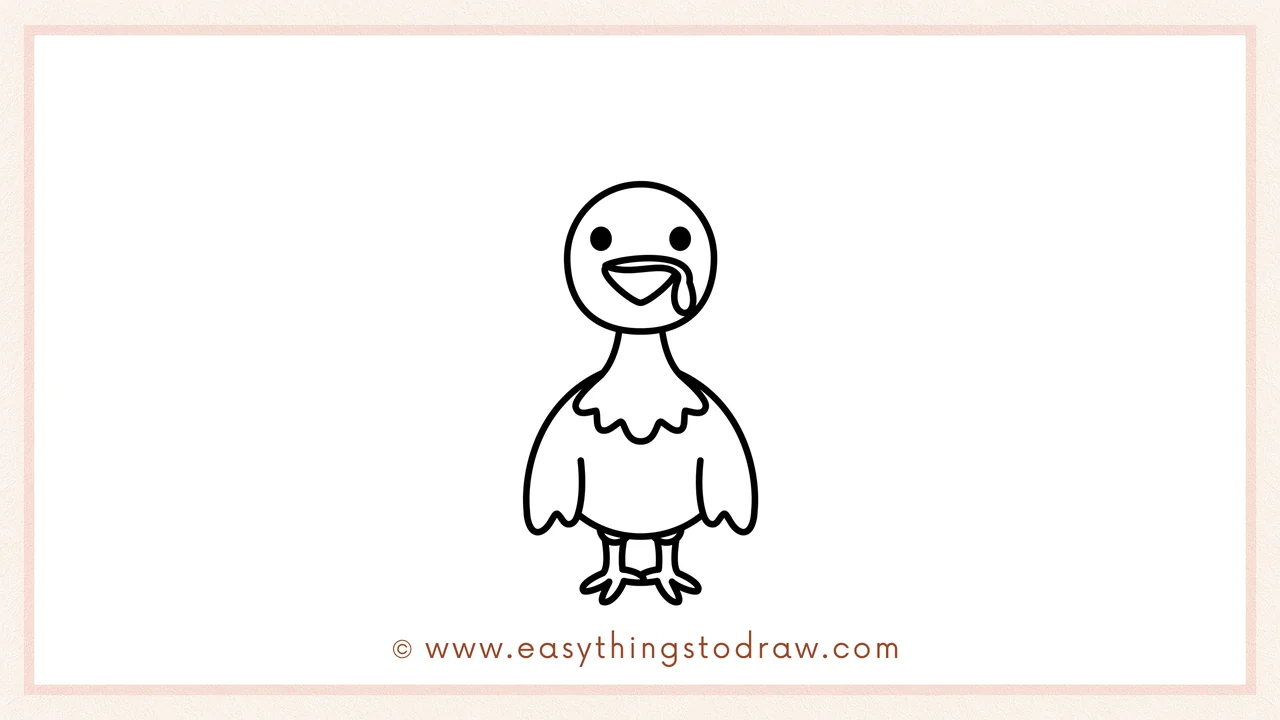 Step 4 of step-by-step turkey sketch – Adding two simple legs and three-pointed toes for the turkey's feet.
