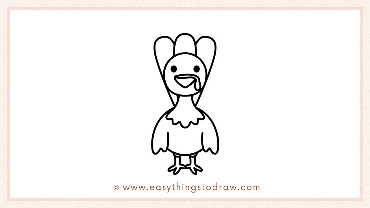 Step 5 of easy turkey drawing steps – Starting the tail by drawing three large, fanned-out feather shapes behind the head.