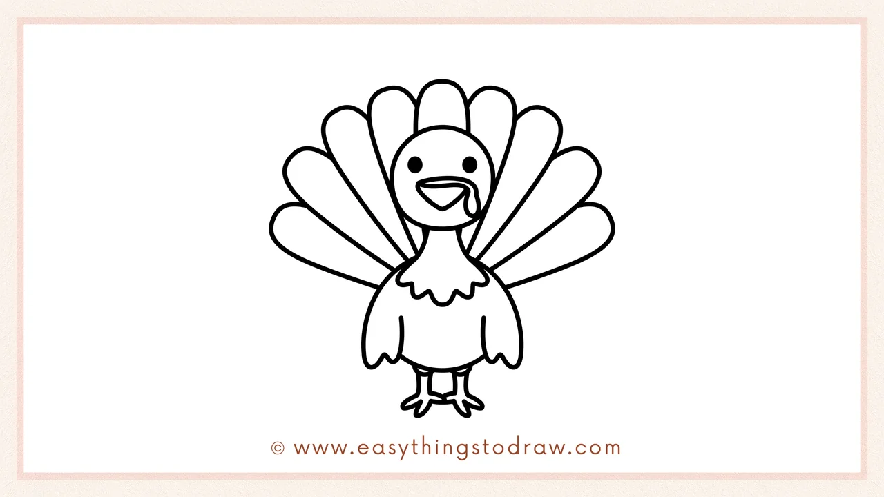 Step 6 of simple turkey drawing tutorial – Completing the turkey's tail fan by adding four more feather shapes, two on each side.