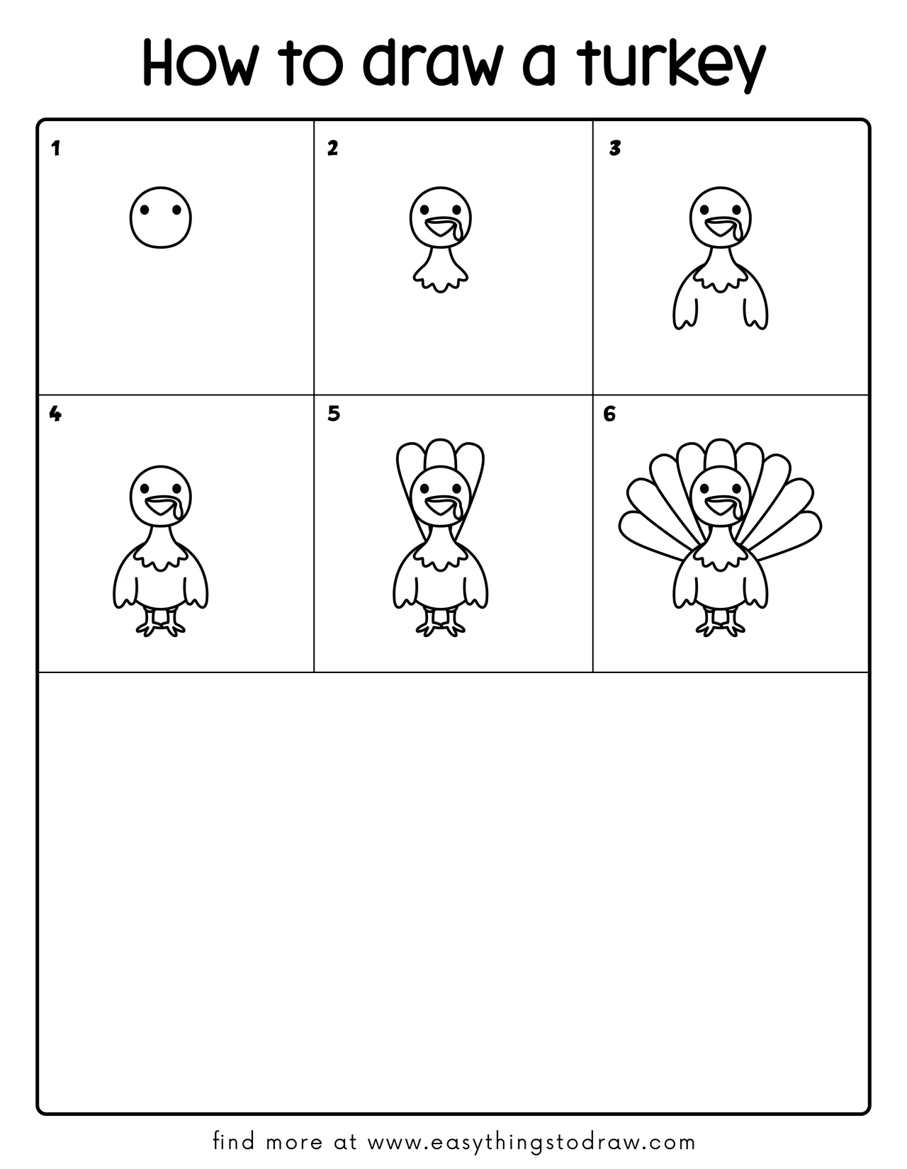 Step-by-step drawing tutorial showing how to draw a cute cartoon turkey in 6 easy steps, perfect for kids and beginners.