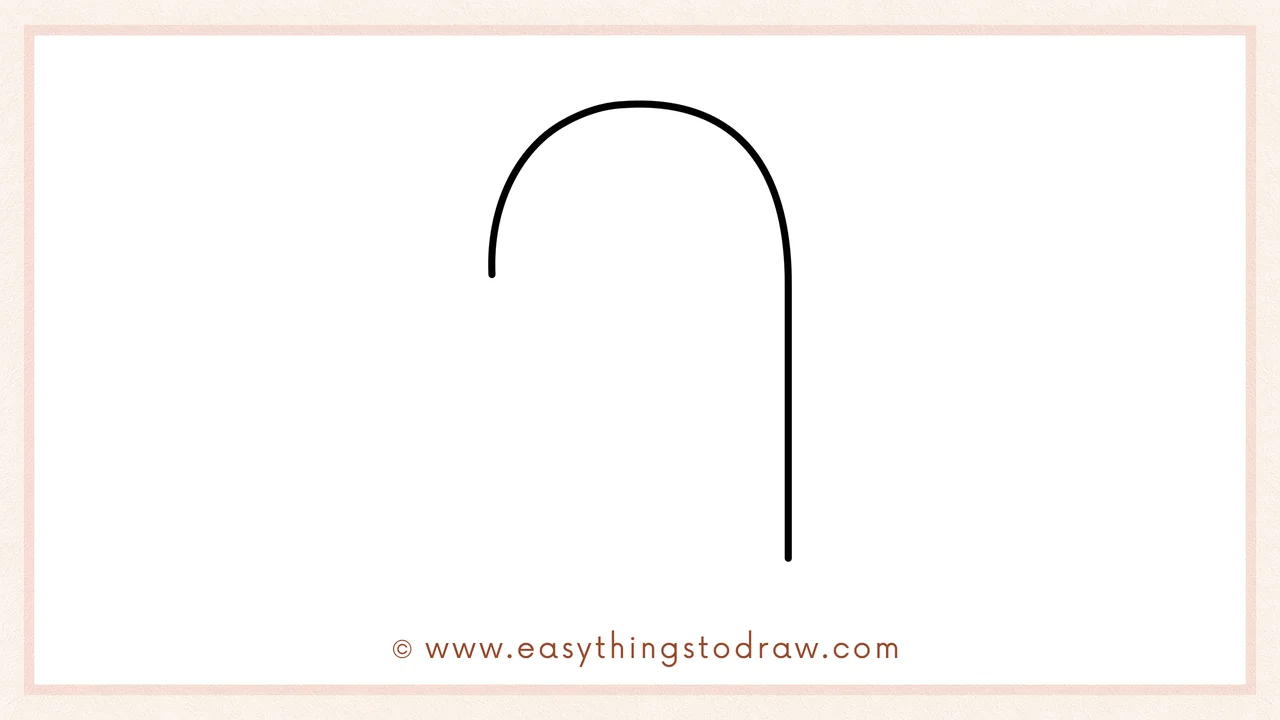 Step 1 of how to draw a candy cane – Drawing a large upside-down J shape for the candy cane's basic outline.