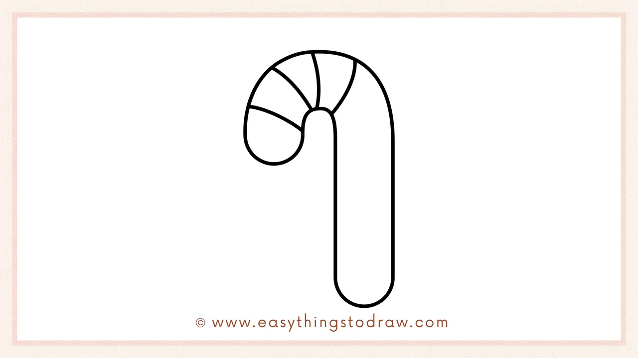 Step 4 of step-by-step candy cane sketch – Starting to add diagonal stripes at the top hook of the candy cane.
