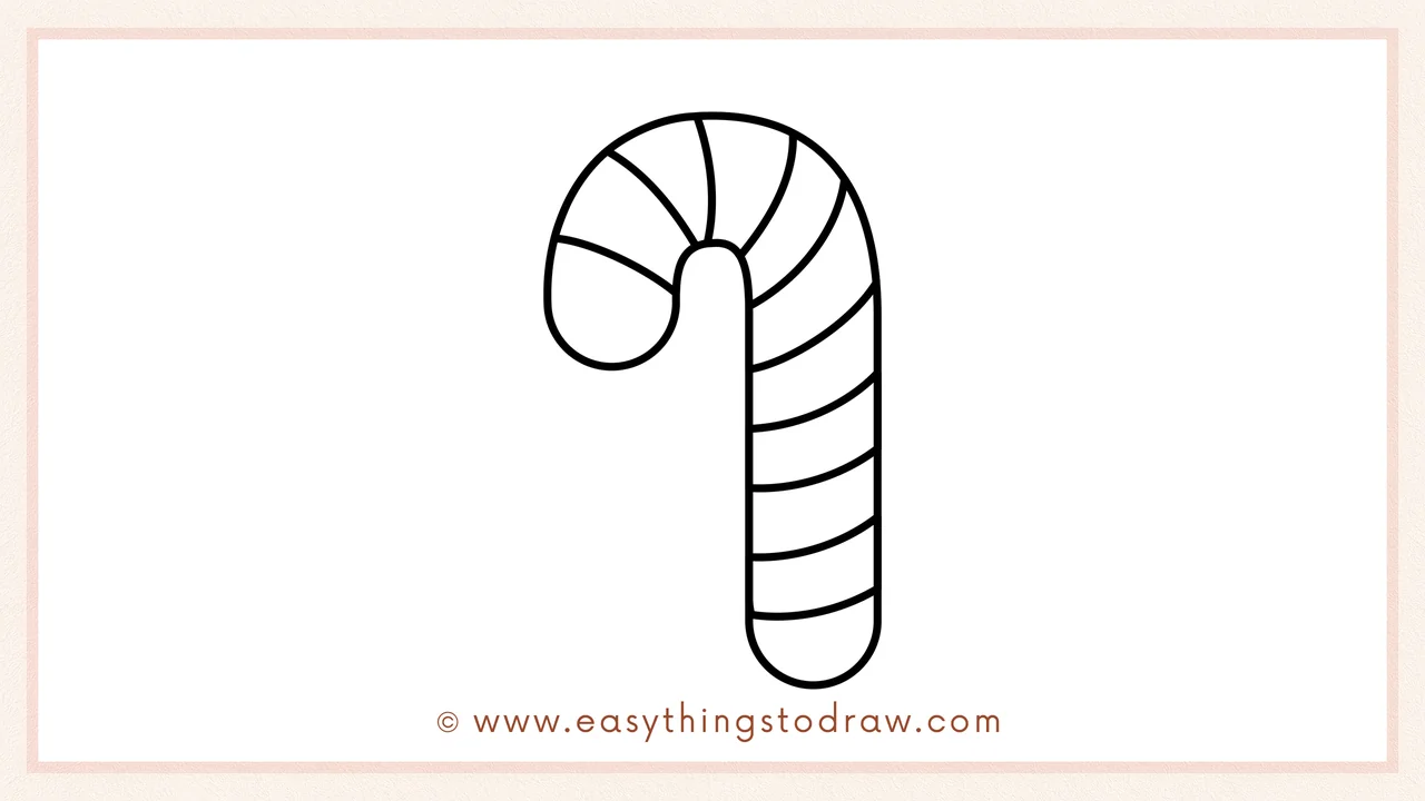 Step 5 of easy candy cane drawing steps – Continuing to draw diagonal stripes down the entire length of the candy cane.