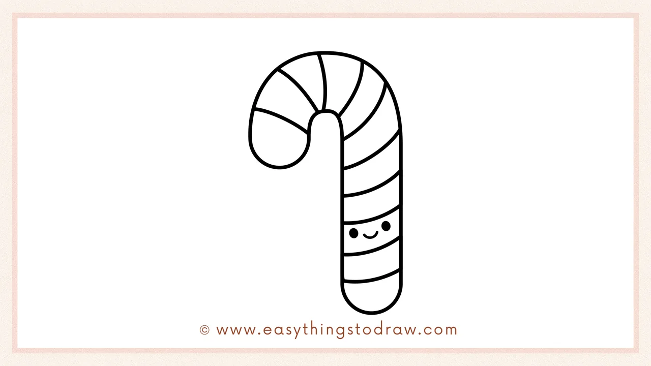Step 6 of simple candy cane drawing tutorial – Adding a cute face with eyes and a smile, and coloring the candy cane stripes.