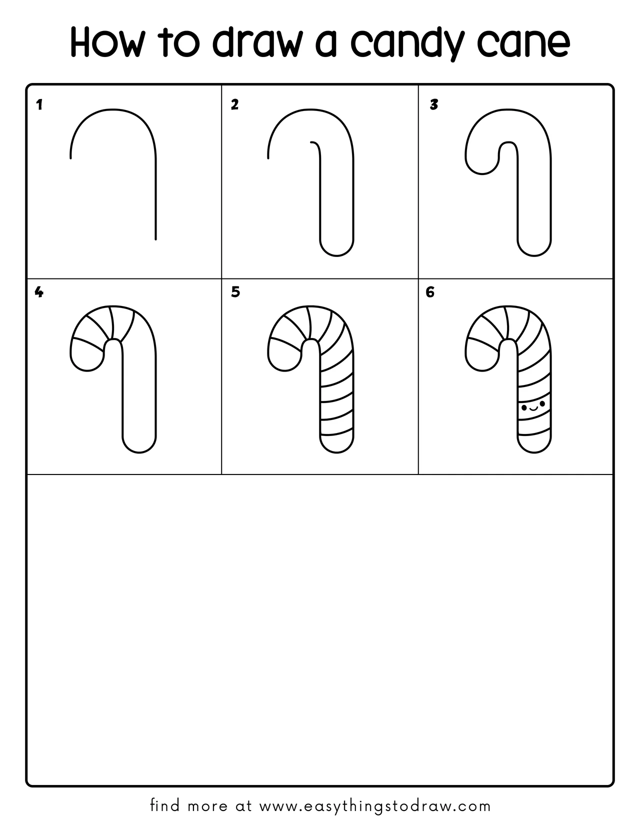 Easy 6-step drawing tutorial grid: how to draw a cute Christmas candy cane. Perfect for kids and beginners.