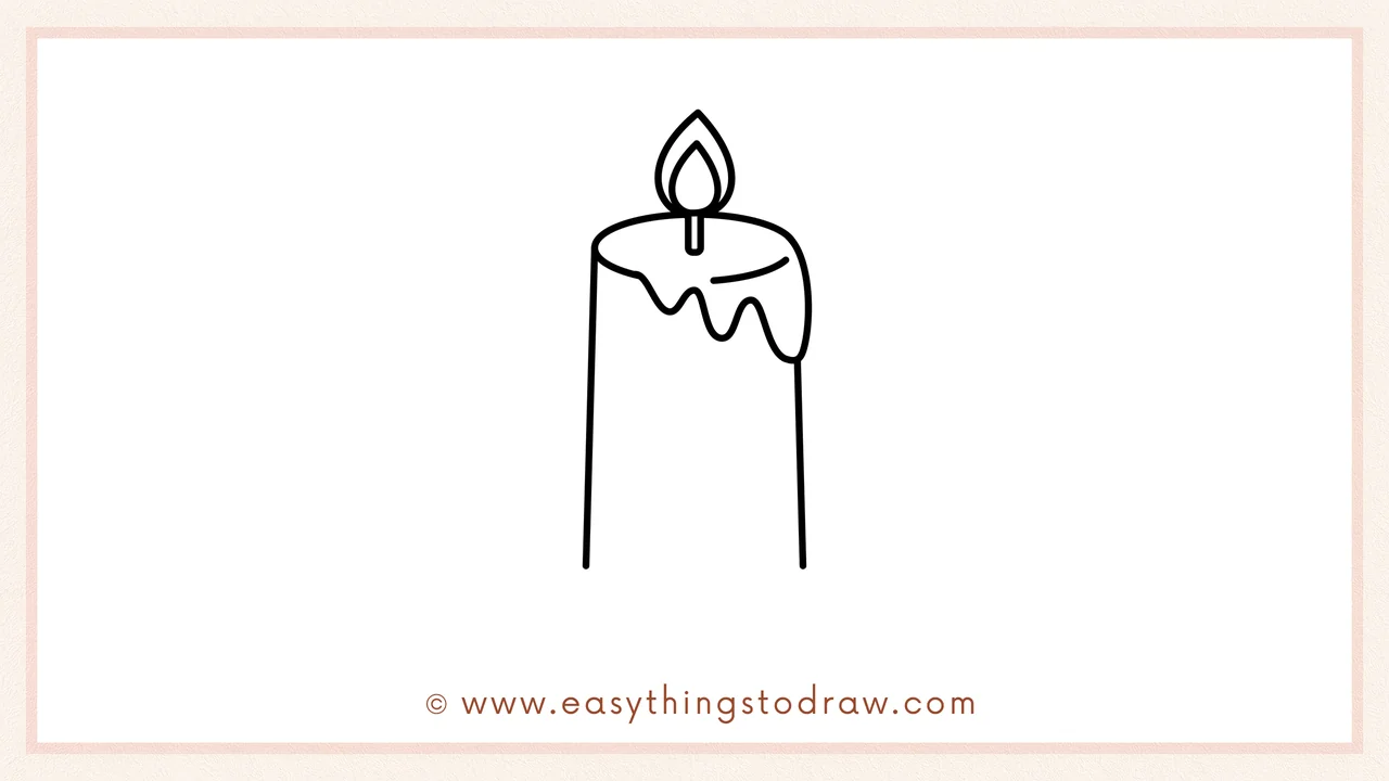 Step 3 of sketching a Christmas candle for beginners – drawing two vertical lines down from the wax to create the candle body.