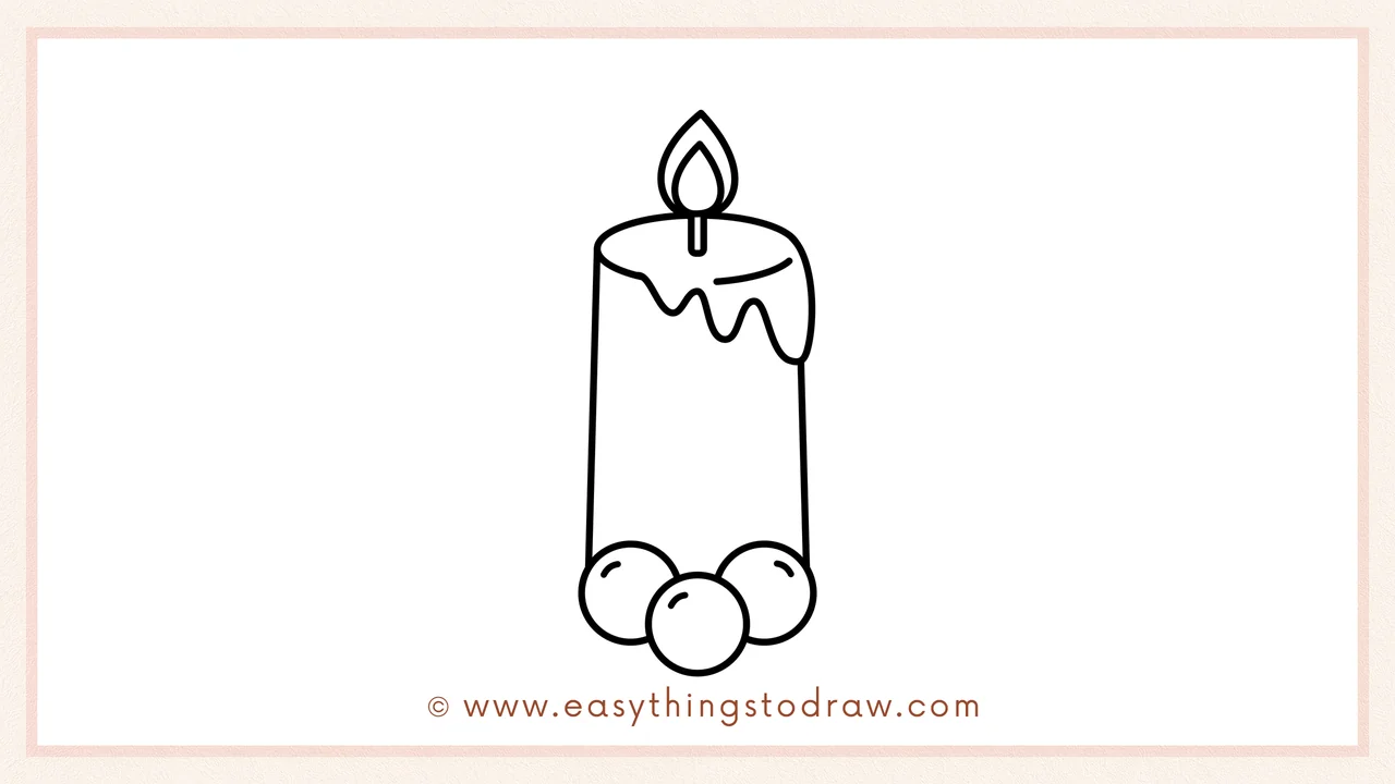 Step 4 of step-by-step Christmas candle sketch – adding three overlapping circles at the candle's base for holly berries.