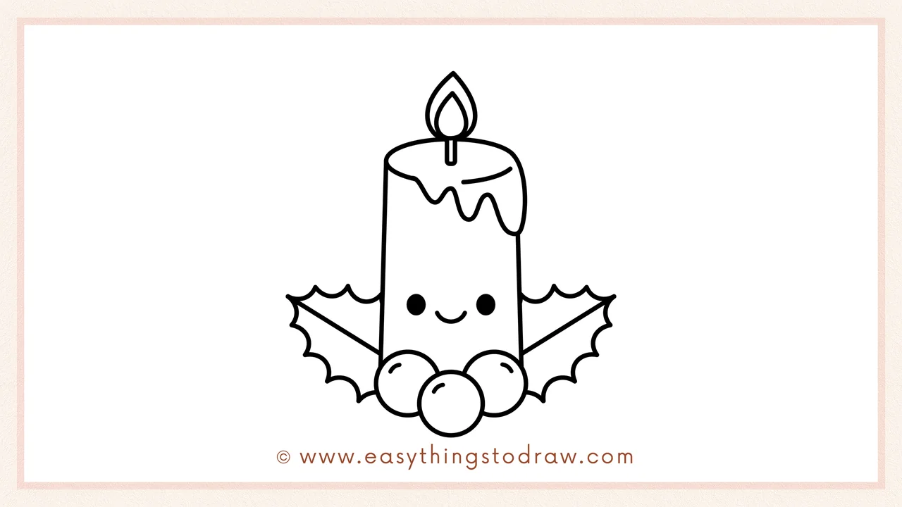 Step 6 of simple Christmas candle drawing tutorial – giving the candle personality with two little oval eyes and a smiling mouth.