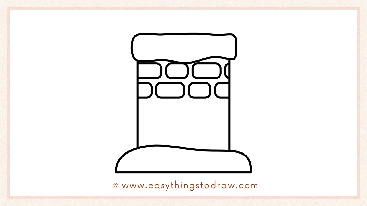 Step 4 of step-by-step christmas chimney sketch – Draw the first row of small, rounded rectangular bricks near the chimney's top.