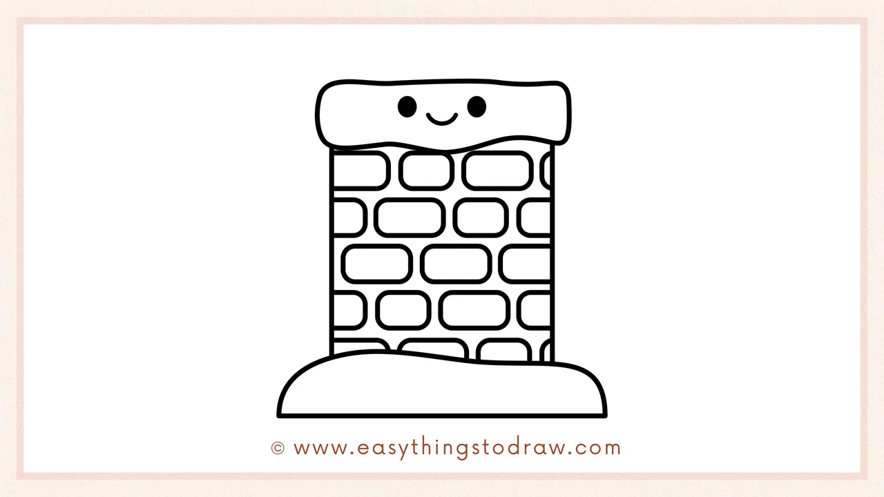 Step 6 of simple christmas chimney drawing tutorial – Add two small eyes and a smile on the snowy top for a cute cartoon face.