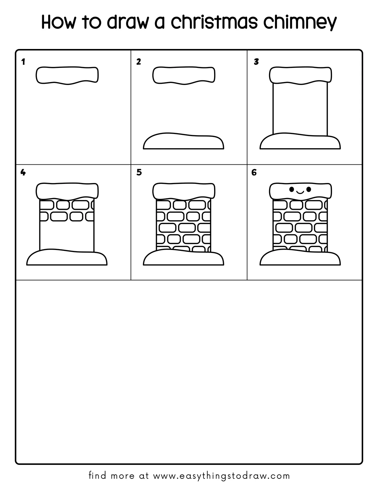 Step-by-step drawing tutorial showing how to draw a cute christmas chimney in 6 easy steps, perfect for kids and beginners.