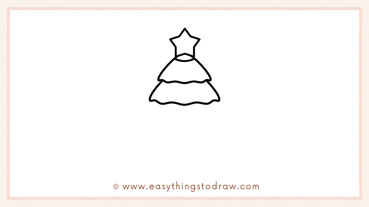 Step 2 of drawing a Christmas Tree – Sketching a curved, wavy shape below the star for the first branch layer.