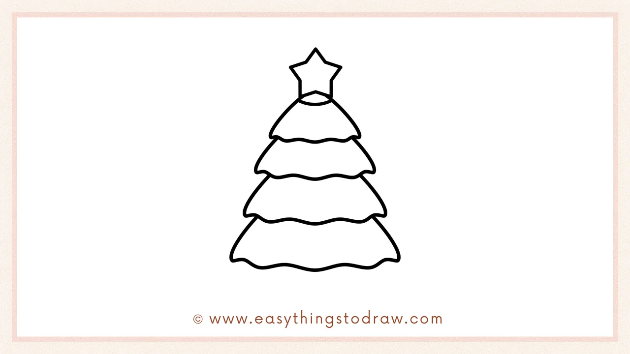 Step 3 of sketching a Christmas Tree for beginners – Stacking three more wavy, curved shapes, each wider, to build the tree body.