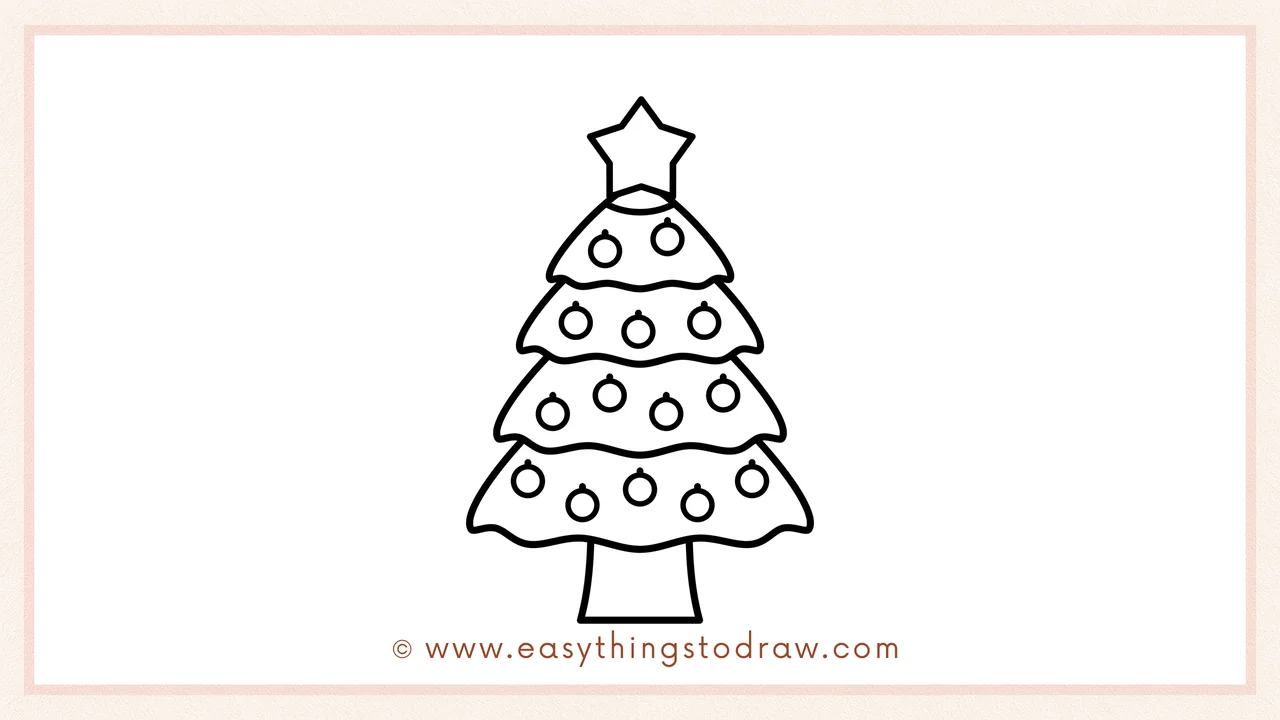 Step 5 of easy Christmas Tree drawing steps – Drawing small circles all over the tree branches to create holiday ornaments.
