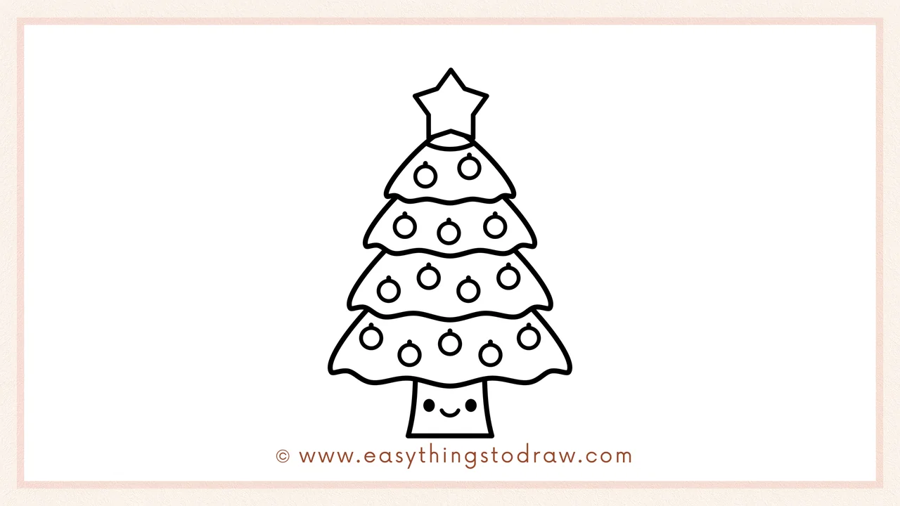 Step 6 of simple Christmas Tree drawing tutorial – Adding a friendly face to the trunk and preparing to color the Christmas tree.