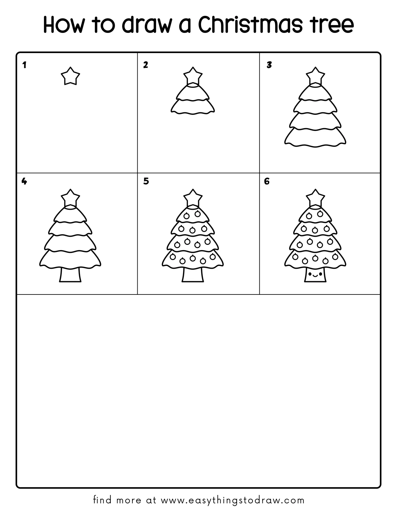 Step-by-step drawing tutorial showing how to draw a cute Christmas tree in 6 easy steps for kids and beginners.