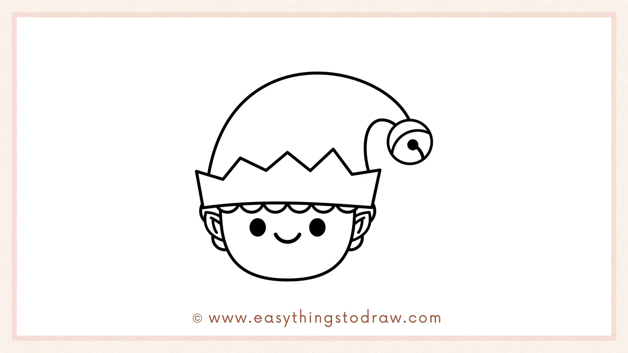 Step 3 of sketching a christmas elf for beginners – A large curved line connects the hat brim to the bell circle.