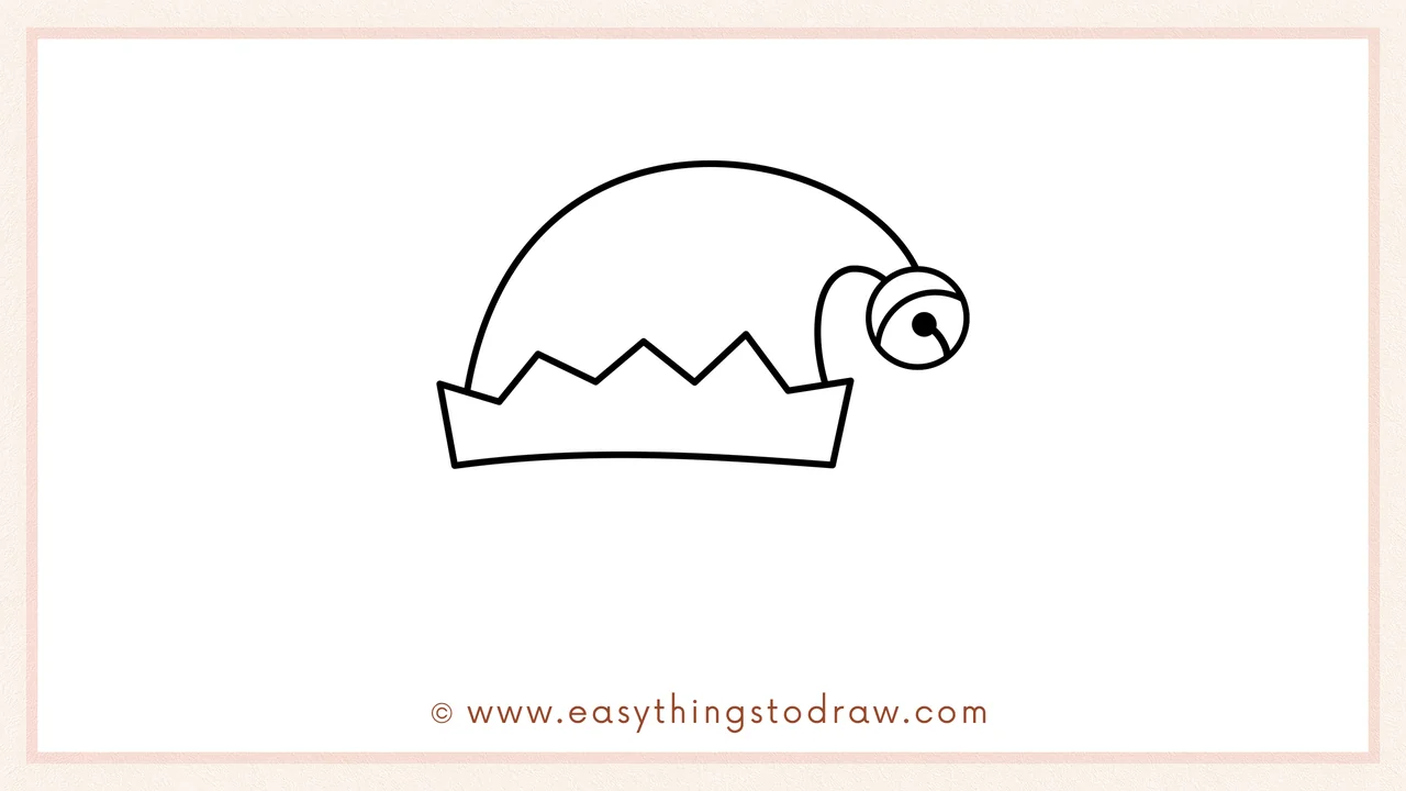 Step 6 of simple christmas elf drawing tutorial – A scalloped hairline is drawn under the brim to add bangs.
