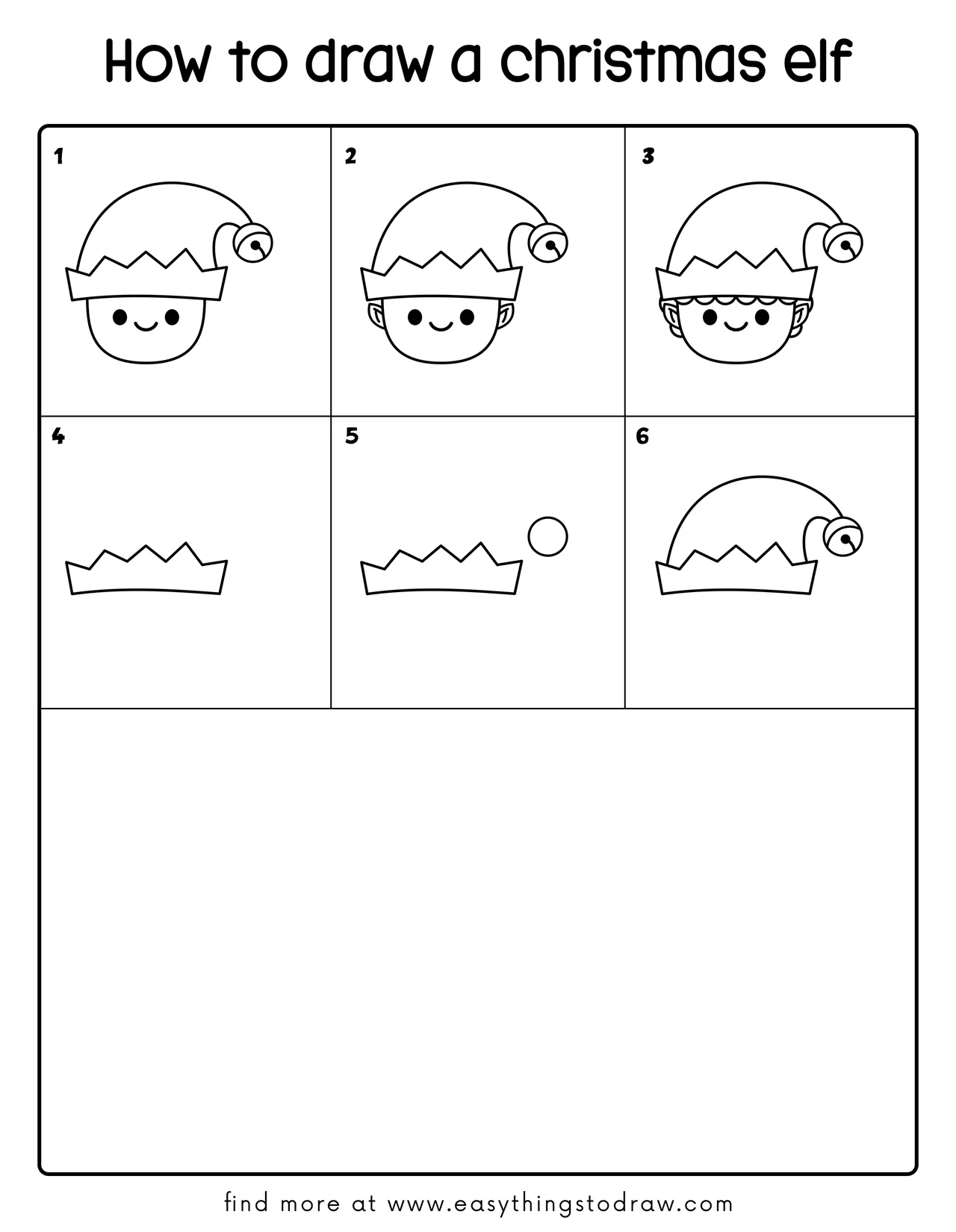 Step-by-step drawing tutorial showing how to draw a cute Christmas elf in 6 easy steps for kids and beginners.
