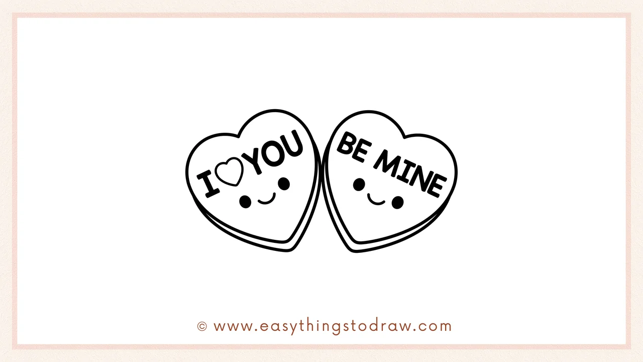 Step 6 of simple candy heart drawing tutorial – Add two dot eyes and a smile to each heart to give them cute faces.